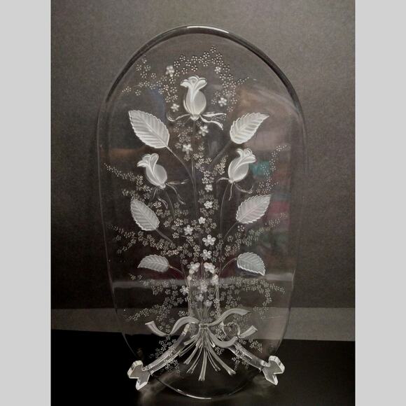 Fleur by William Fraser Oval Glass Canape Tray Etched Floral 15.75" - Picture 2 of 10